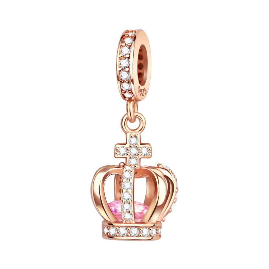 Rose Gold Sparkling Crown Cross Dangle Charm with pink heart stone and sparkling accents.
