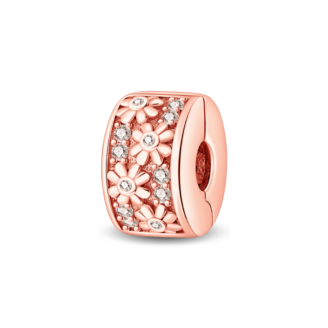 Rose Gold Sparkling Daisy Flower Clip Charm featuring daisy flowers and sparkling crystals.