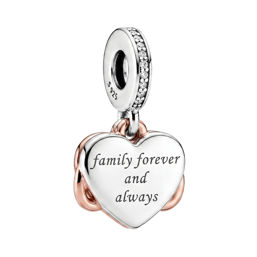 Rose Gold Sparkling Infinity Heart Dangle Charm featuring engraved Family Forever and Always.