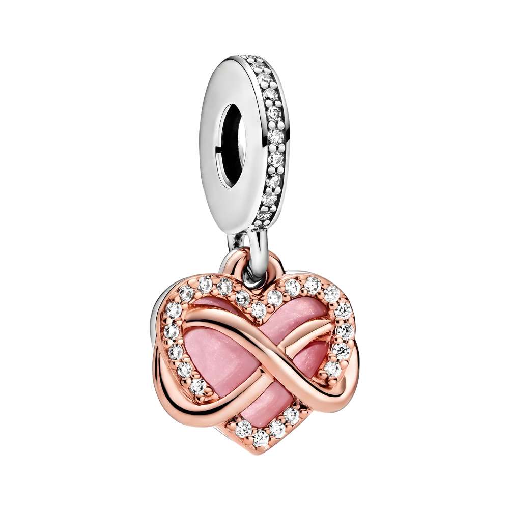 Rose Gold Sparkling Infinity Heart Dangle Charm with pink enamel and sparkling crystals, perfect gift for loved ones.