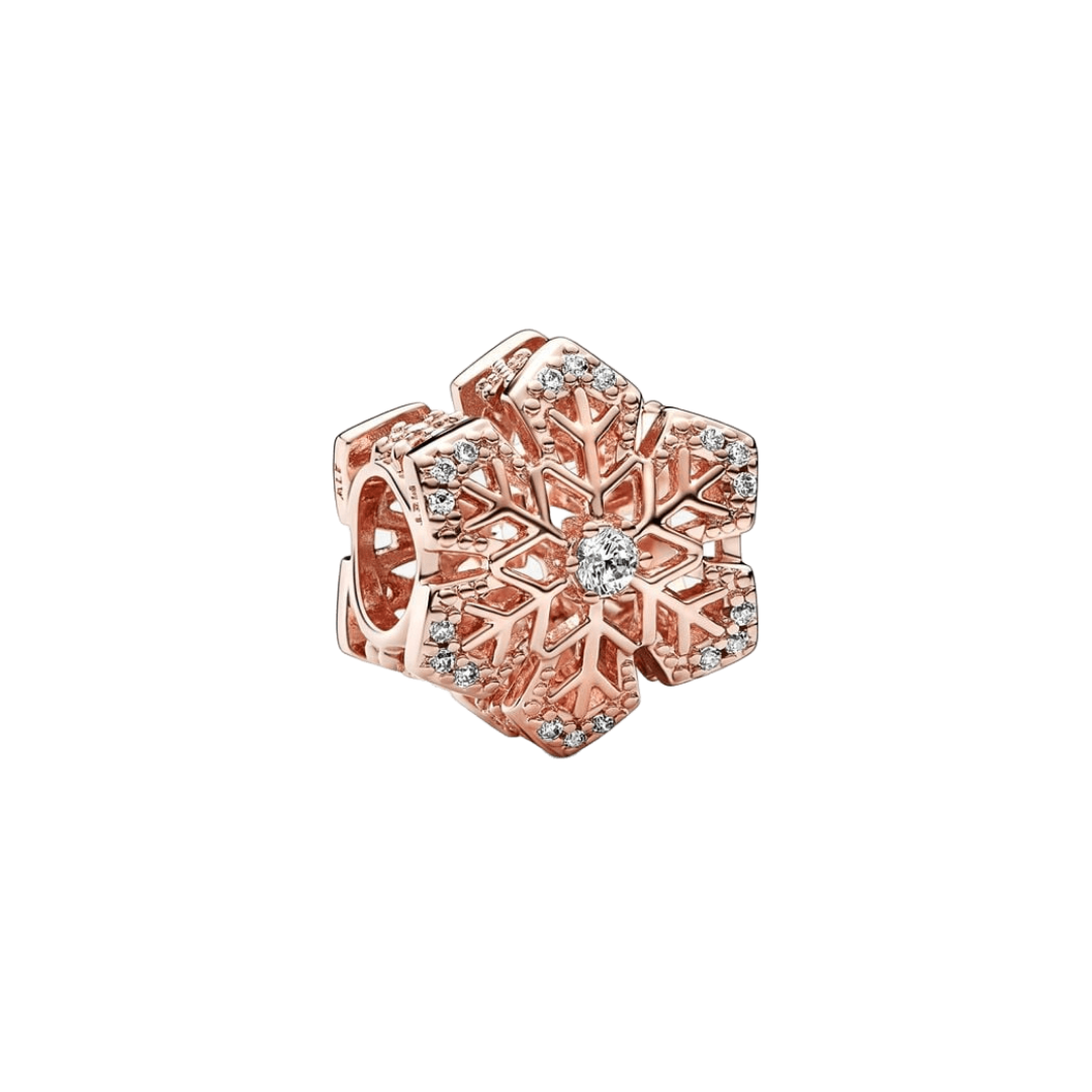 Rose Gold Sparkling Snowflake Charm with clear stones, adds elegance to winter-themed jewelry.
