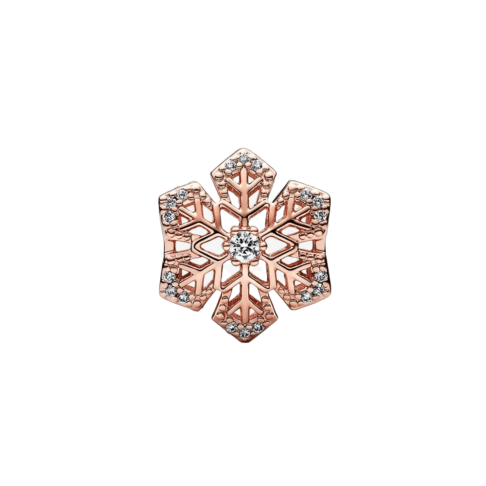 Rose Gold Sparkling Snowflake Charm with clear stones, perfect for winter-themed jewelry.