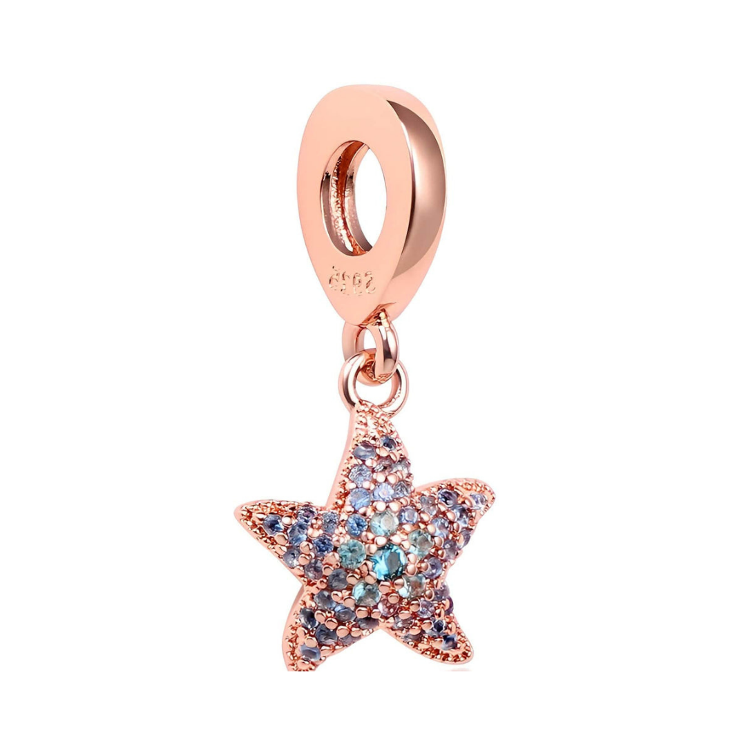 Rose Gold Sparkling Starfish Dangle Charm showcasing vibrant pavé stones in aqua and lavender.