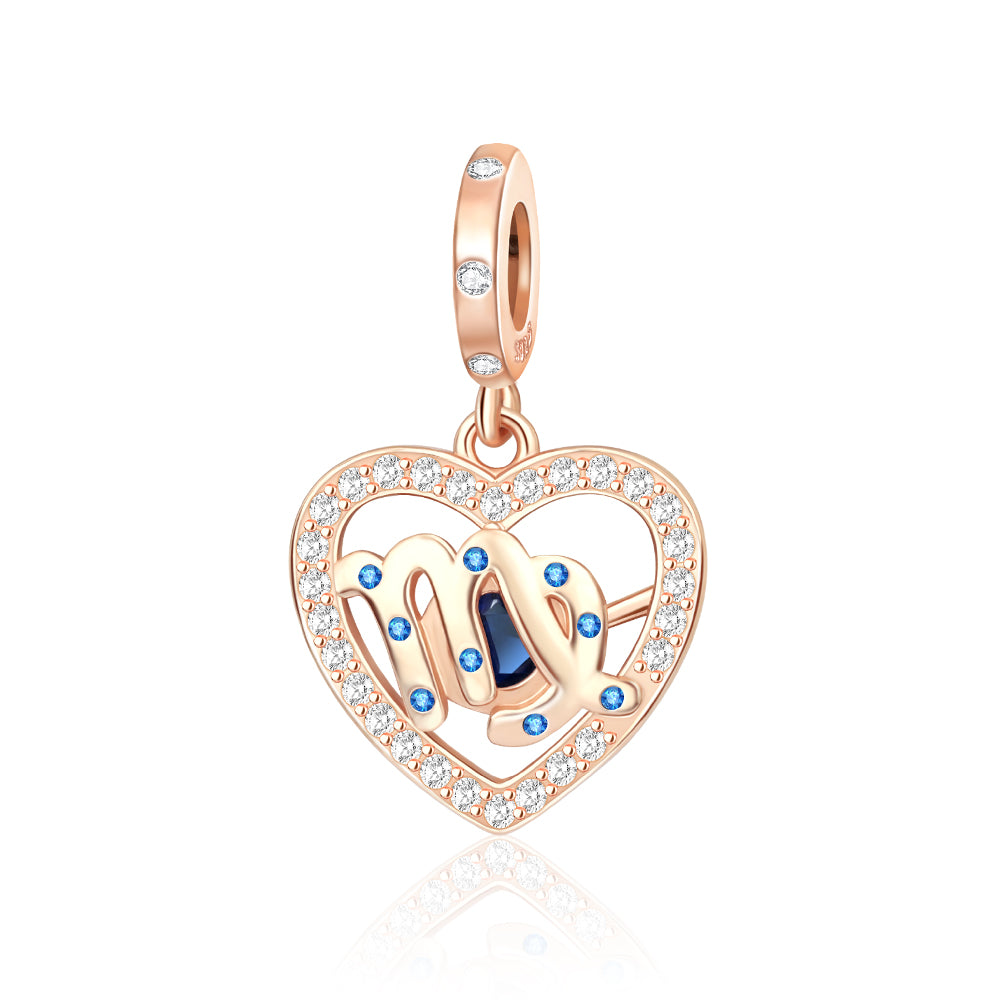Rose Gold Sparkling Virgo Dangle Charm featuring a heart shape with pavé crystals and blue accents.