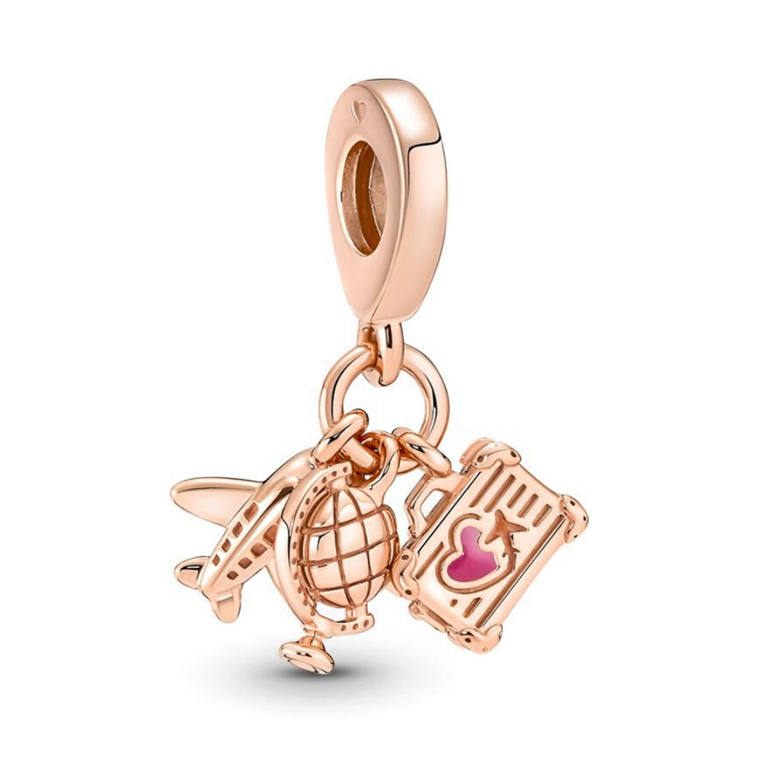 Rose Gold Wanderlust Travel Dangle Charm featuring a rose gold plane, globe, and suitcase with pink heart.