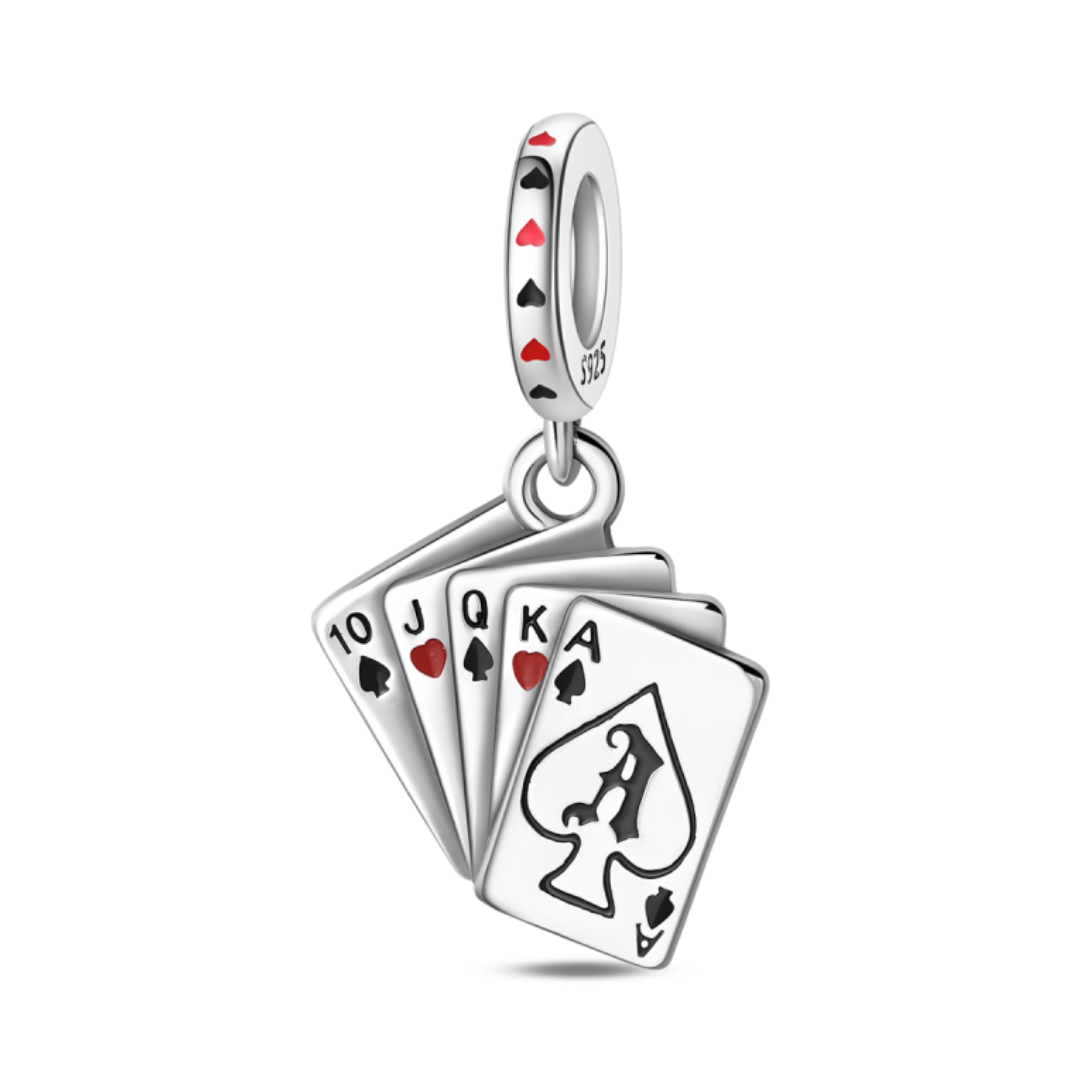 Royal Flush Poker Dangle Charm showcasing four playing cards in silver with red and black accents.