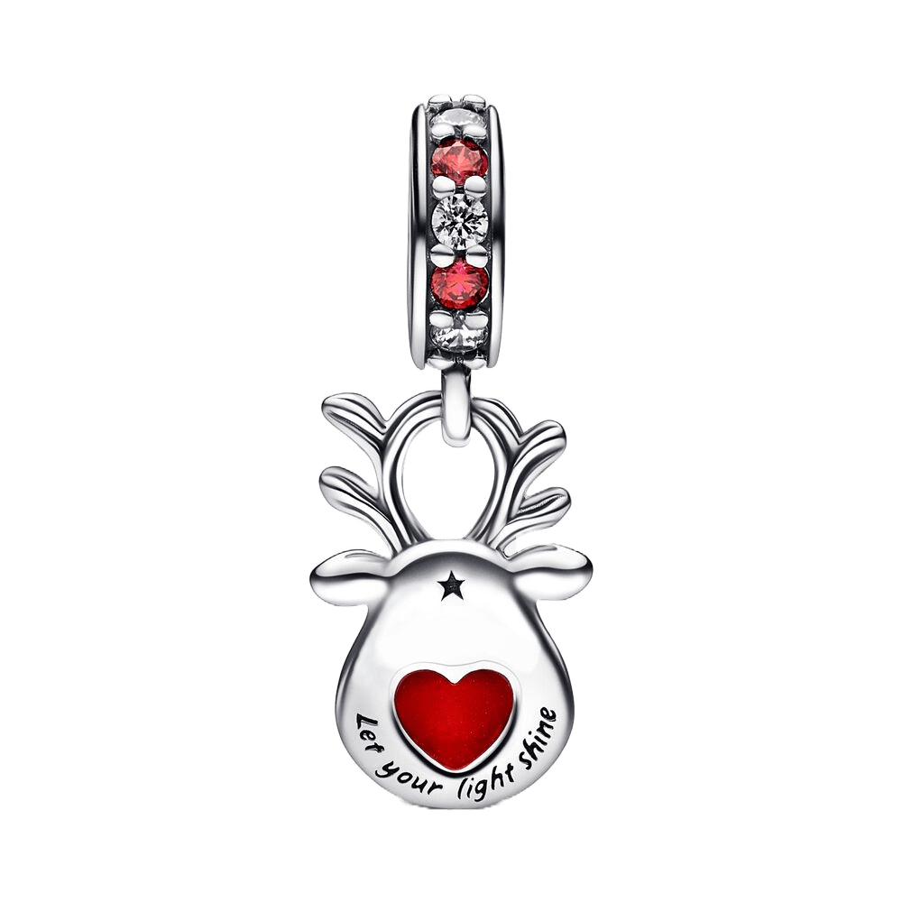 Rudolph Red Nose Reindeer Murano Dangle Charm with red Murano glass nose and detailed silver antlers.
