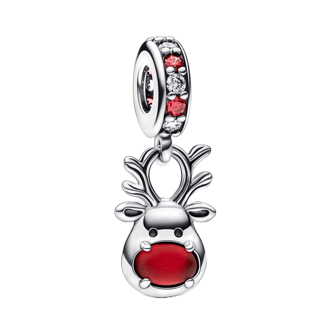Rudolph Red Nose Reindeer Murano Dangle Charm featuring red Murano nose and sparkling stones.
