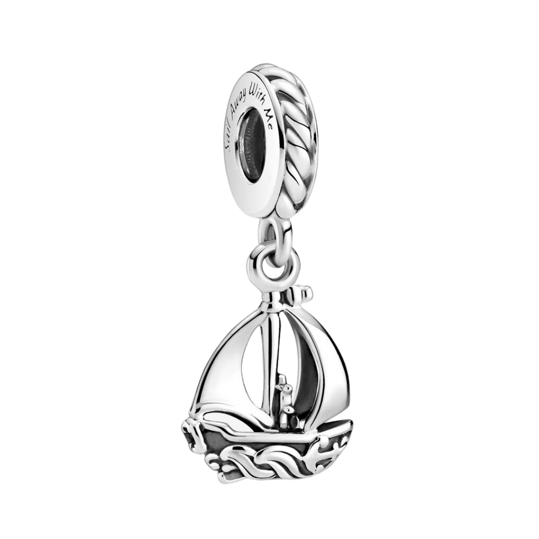 Sail Away With Me Sailboat Dangle Charm featuring intricate silver sailboat design and engraved bead.