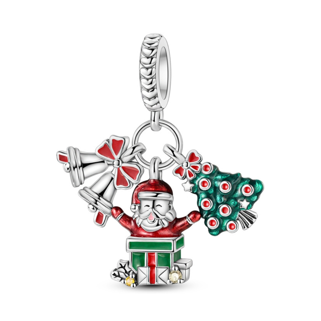 Santa Surprise Triple Christmas Dangle Charm featuring Santa, jingle bells, and a green Christmas tree.