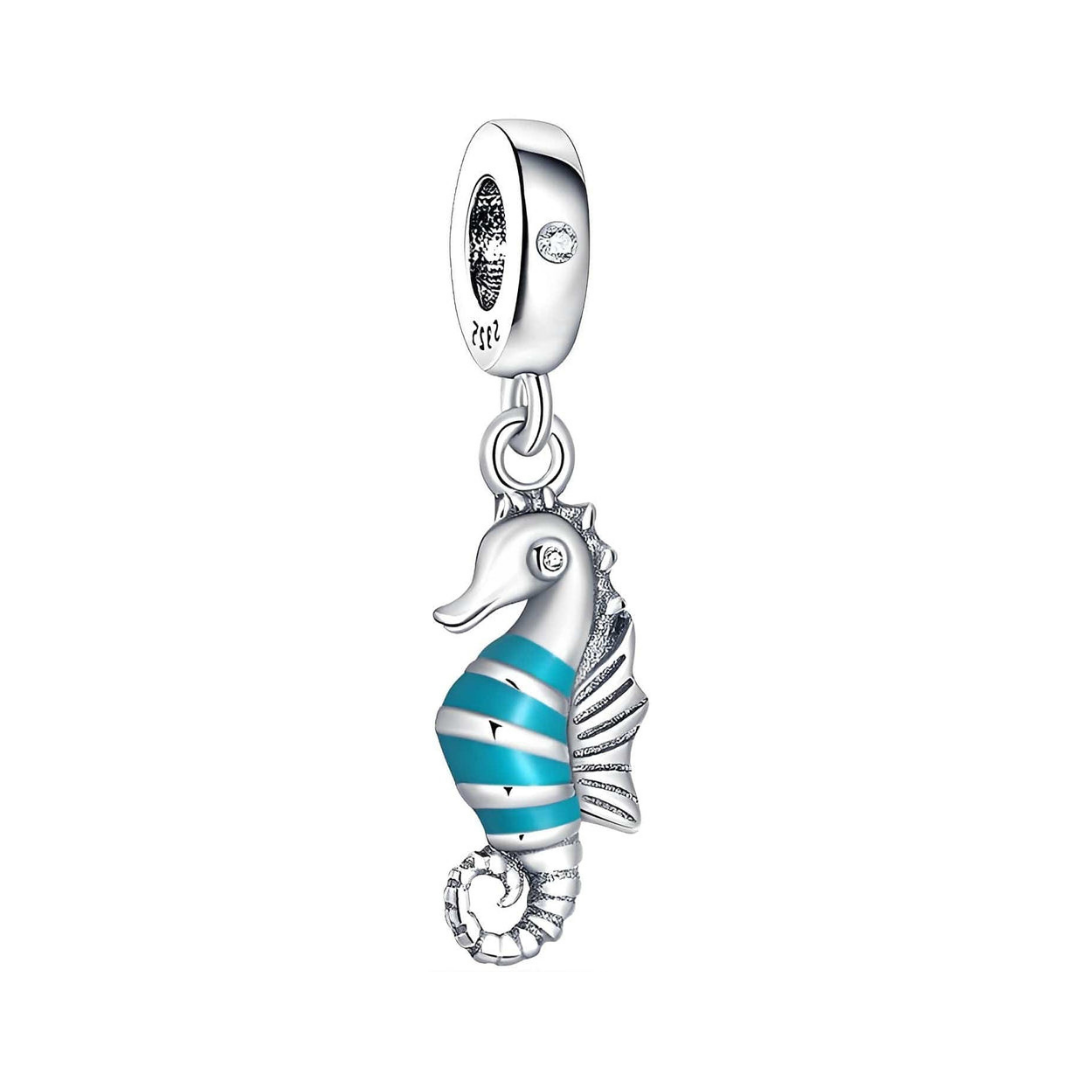 Sea Dancer Seahorse Dangle Charm with teal enamel stripes and silver details, ideal for ocean lovers.