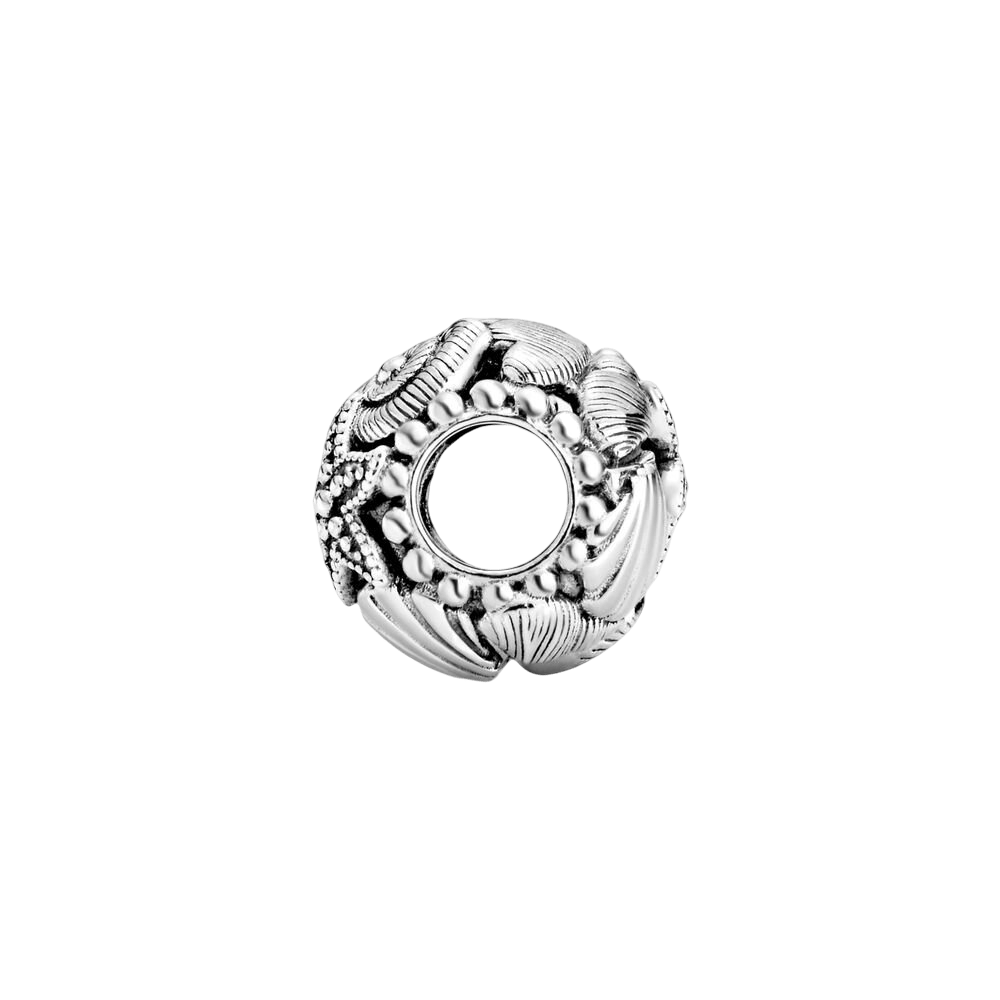 Seashell Treasures Open Work Charm showcasing intricate seashell and starfish design in raised silver relief.