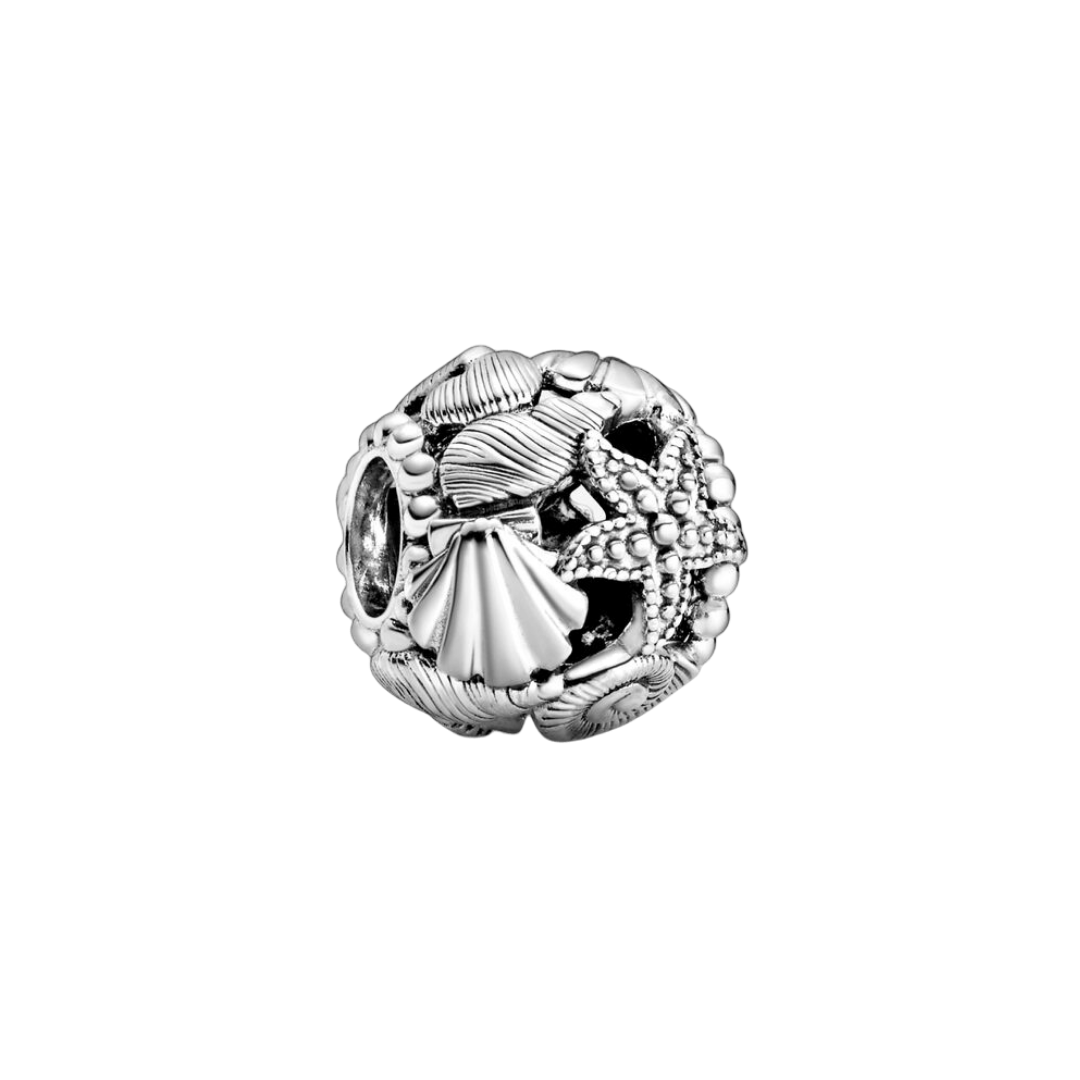 Seashell Treasures Open Work Charm featuring intricately sculpted seashells and a starfish in silver relief.