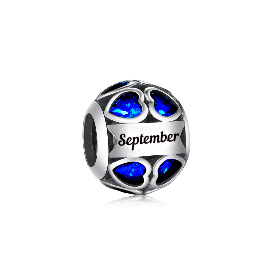September Birthstone Heart Charm with blue stones, perfect birthday gift for September born individuals.