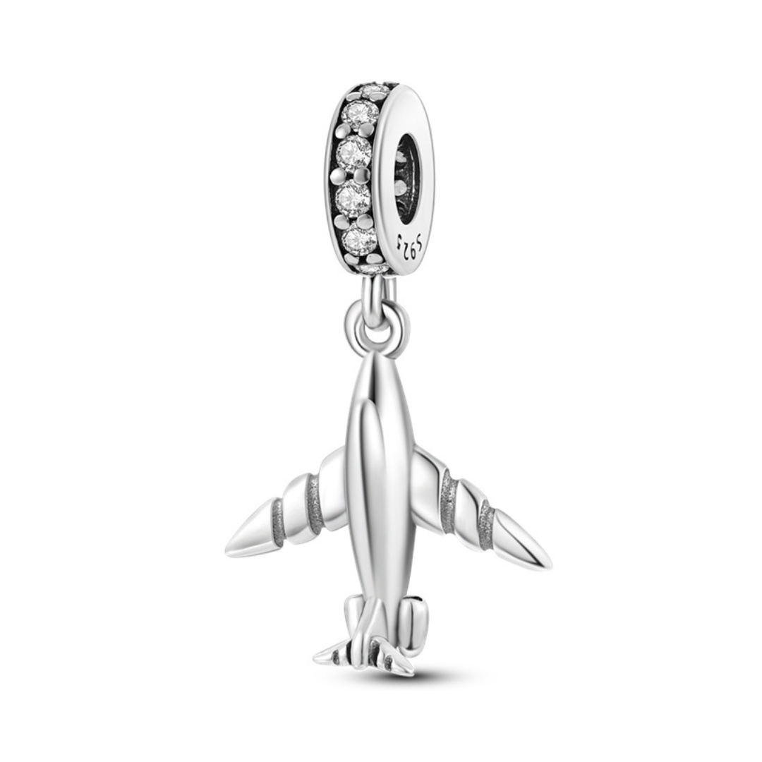 Silver Aeroplane Dangle Charm featuring a polished silver airplane and a sparkling stone bale.