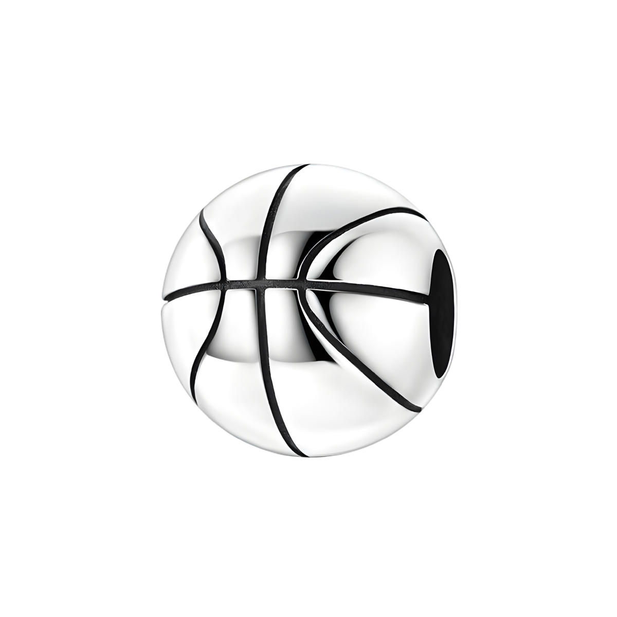 Silver Basketball Charm featuring a polished silver basketball with black seam lines.