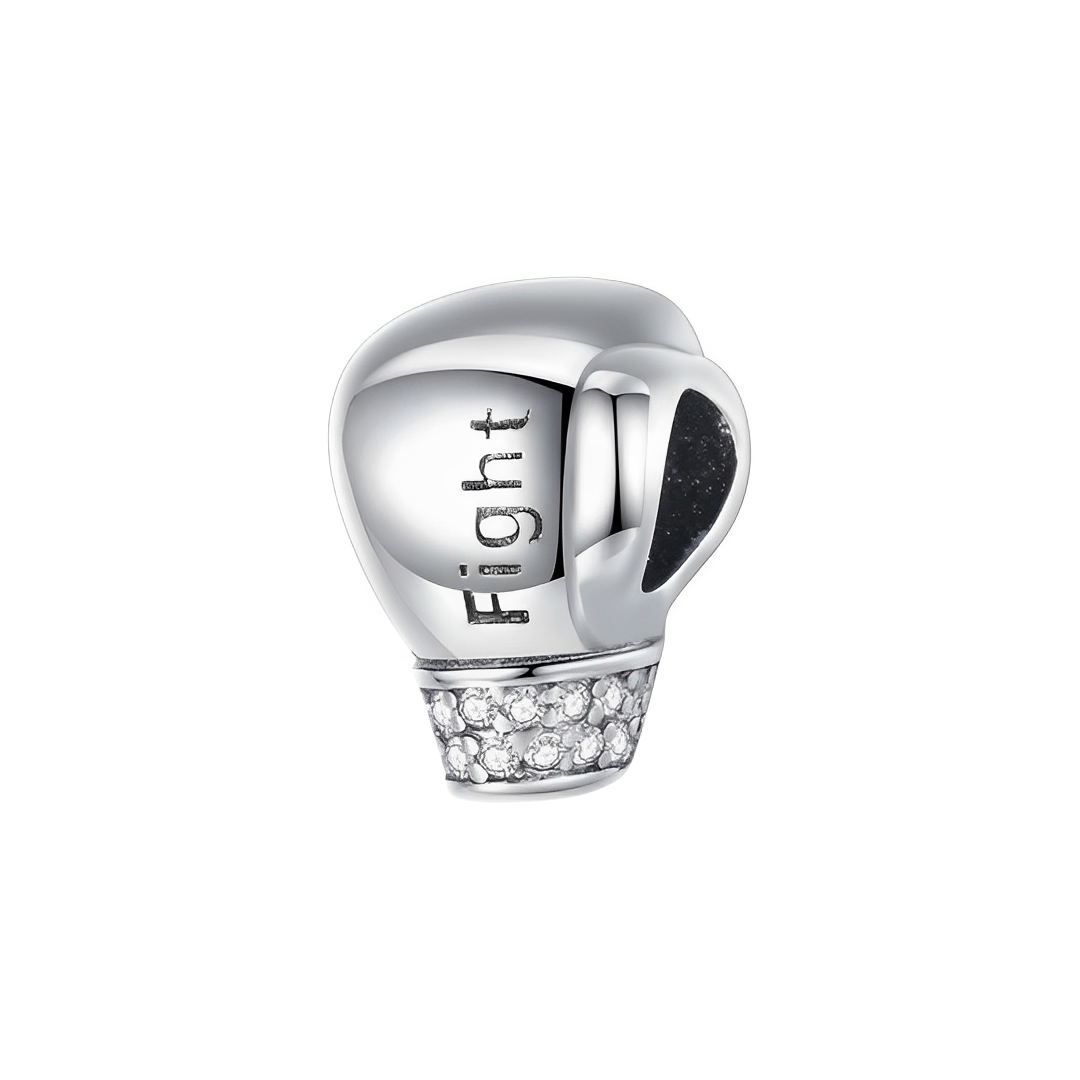 Fight Boxing Glove Charm in polished silver with engraved 'Fight' and sparkling pave cuff