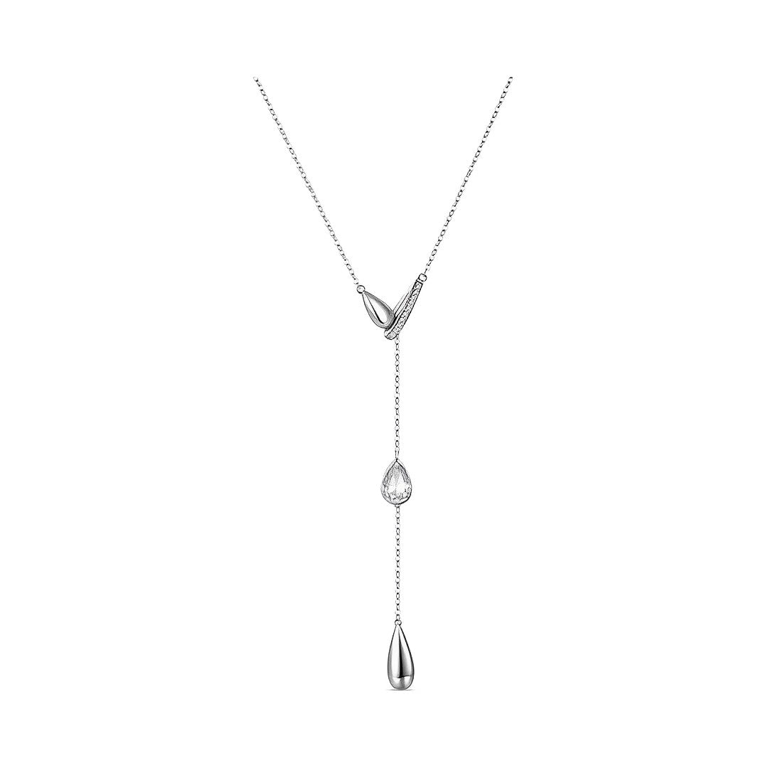 Silver Teardrop Lariat Necklace featuring sleek design and graceful movement, perfect for layering and elegant evening looks.