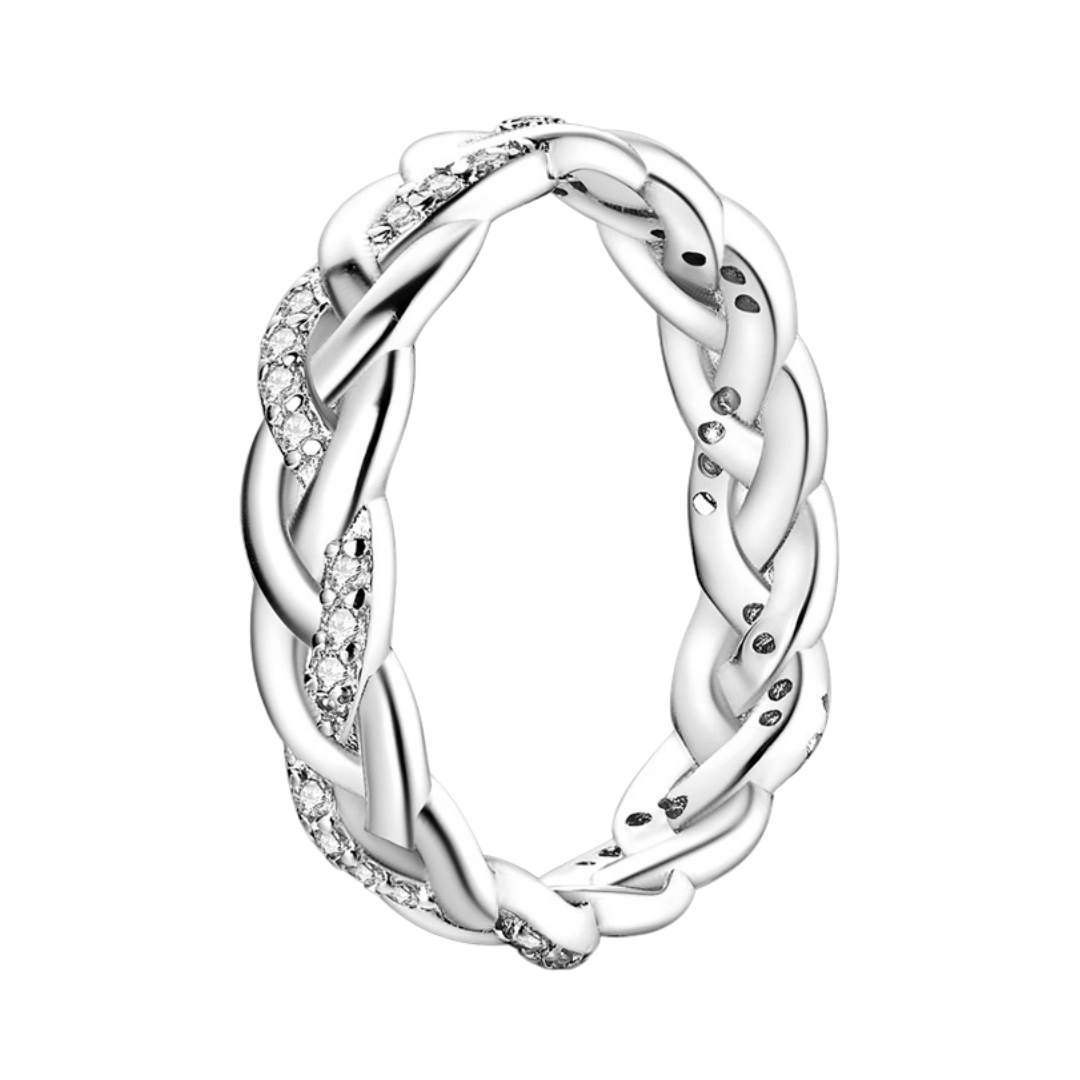 Silver Twisted Pavé Eternity Ring (Discontinued) featuring a braided design with subtle sparkles.