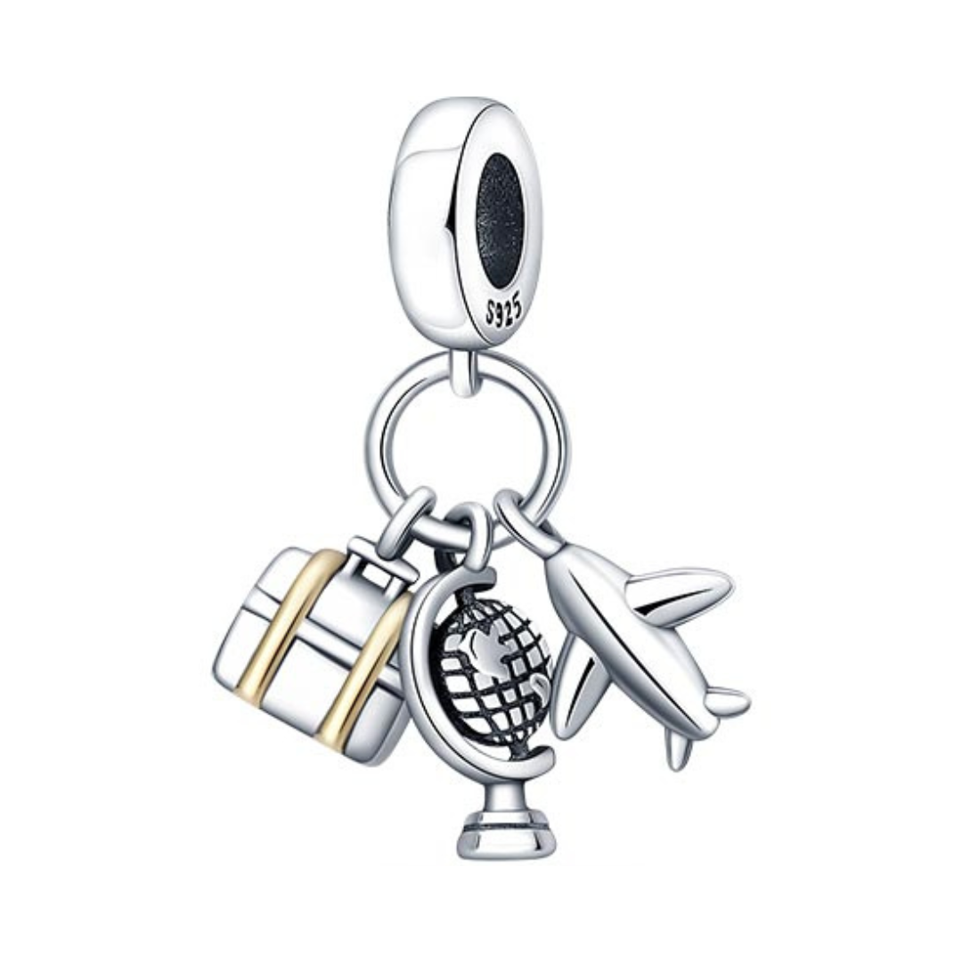 Silver Wanderlust Travel Dangle Charm featuring a suitcase, globe, and airplane, perfect for travel lovers.