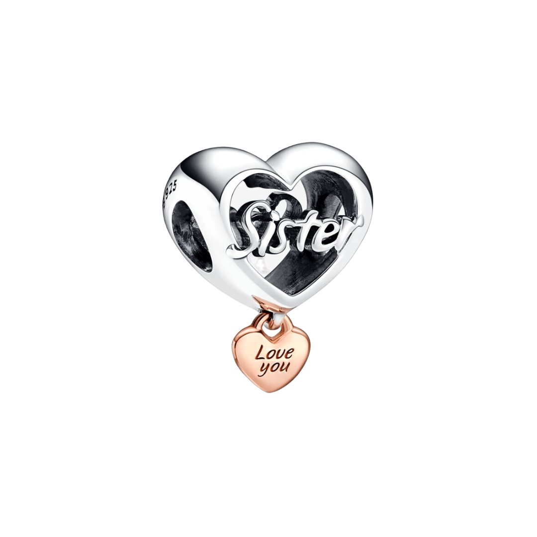 Sister Love You Heart Charm featuring a silver heart with Sister inscription and a rose gold dangle Love you charm.