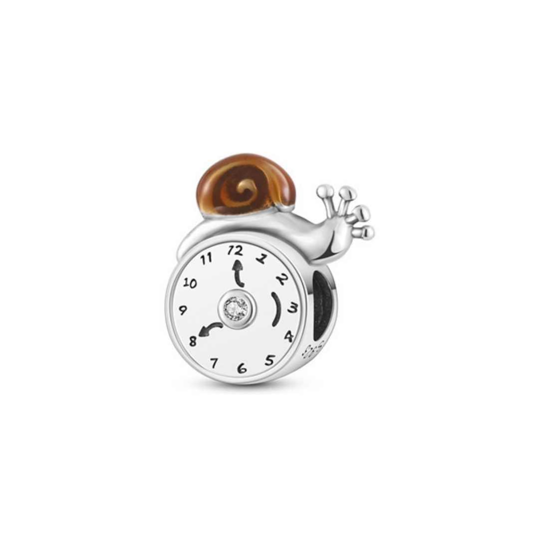 Slow Down Snail Clock Face Charm ( Discontinued) with detailed clock face and amber enamel spiral.