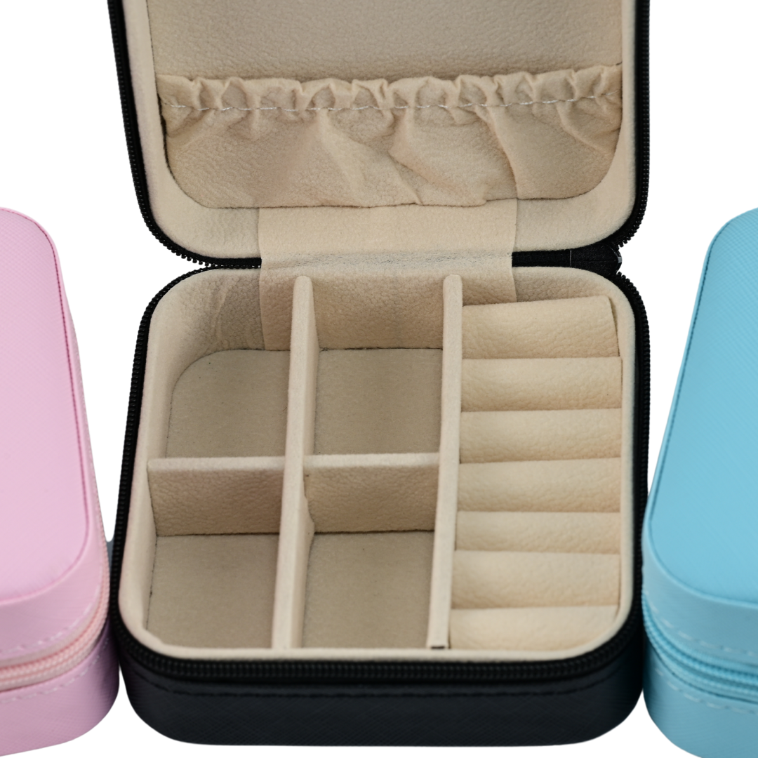 Open Small Jewelry Box with compartments for organizing rings, bracelets, and charms in pastel colors.