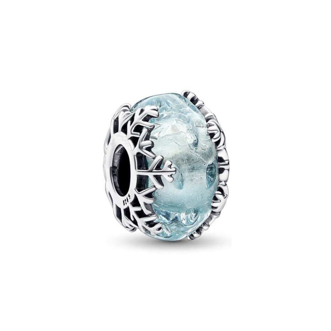 Snowflake Murano Glass Charm featuring ice blue Murano glass and intricate silver snowflake design.