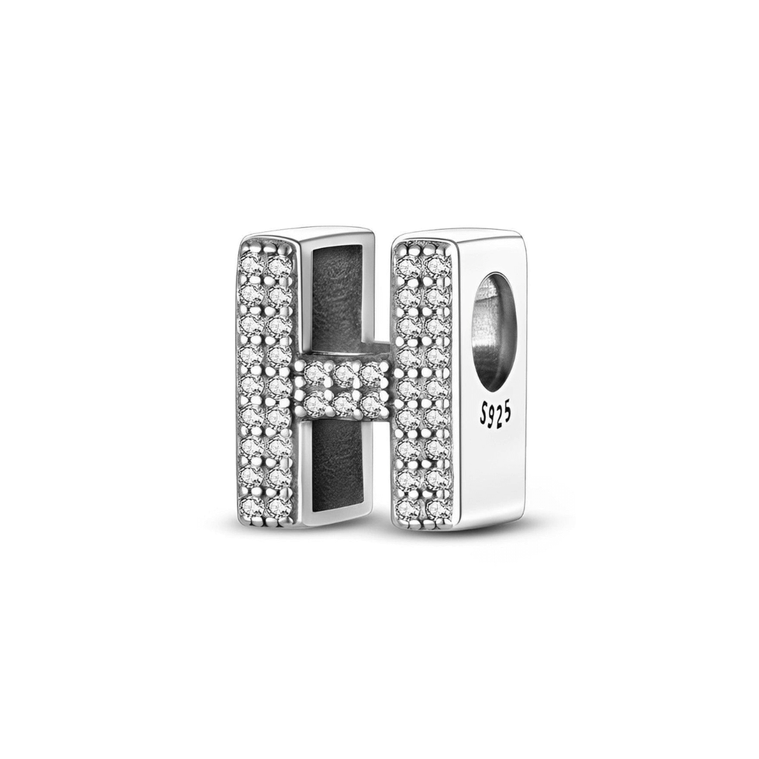 Sparkling Alphabet Charms in silver with pavé stones, letter H charm for personalized bracelets.