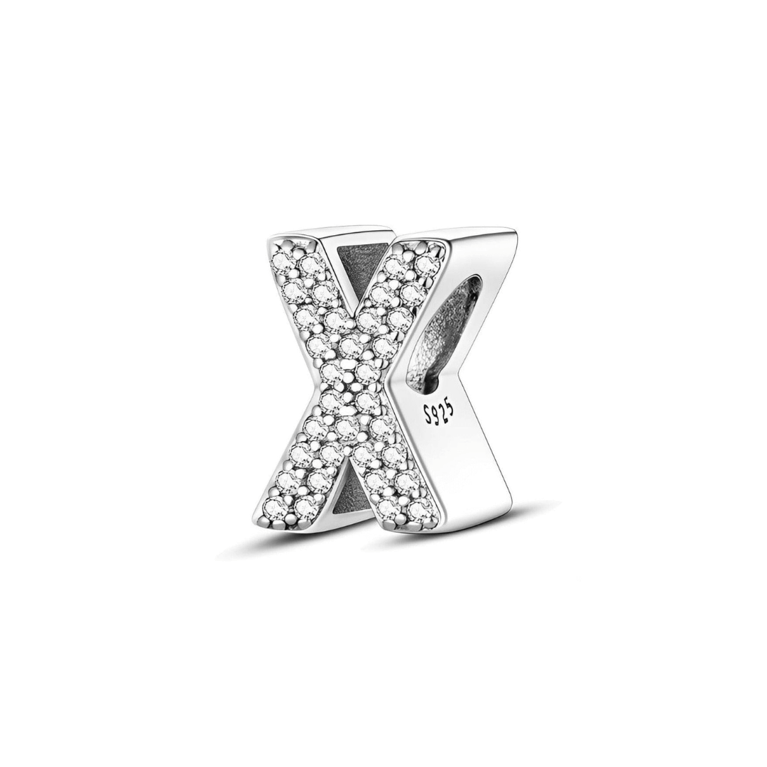 Sparkling Alphabet Charms in silver featuring pavé stones, representing the letter X for personalized jewelry.