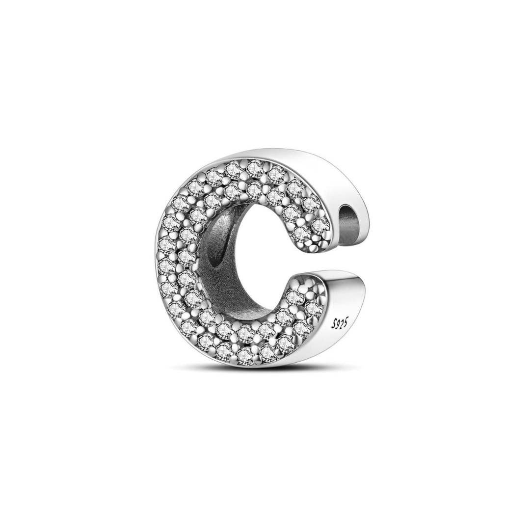 Sparkling Alphabet Charms in silver letter C design adorned with clear pavé stones, perfect for personalizing jewelry.