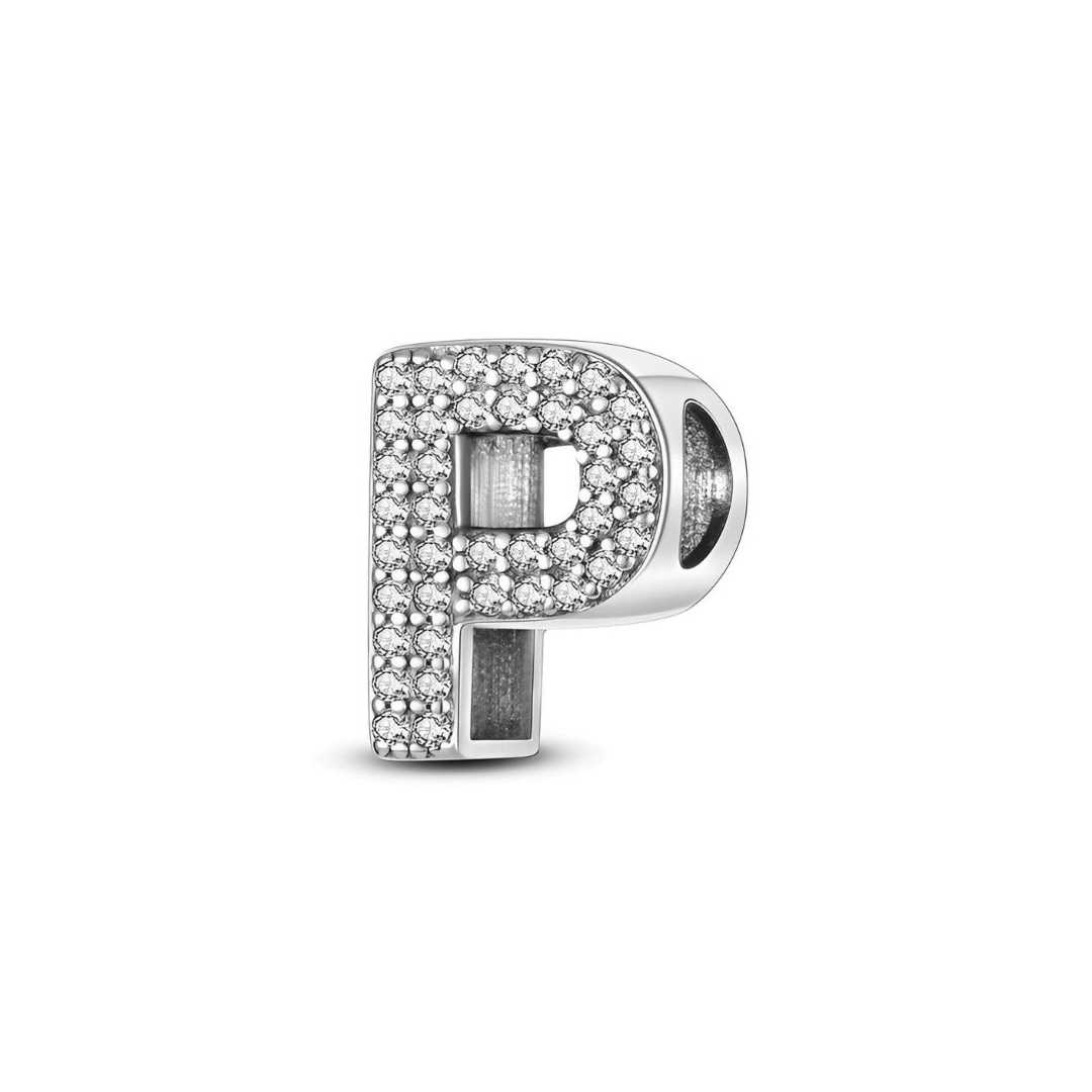 Sparkling Alphabet Charms silver charm letter P encrusted with brilliant clear pavé stones.