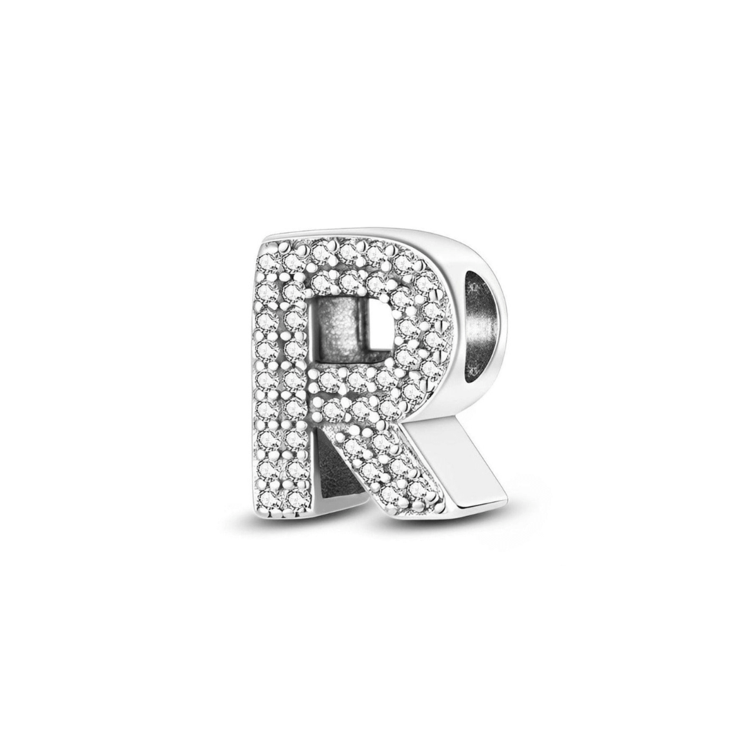 Sparkling Alphabet Charms silver charm shaped as letter R, embellished with clear pavé stones, sparkling and elegant.