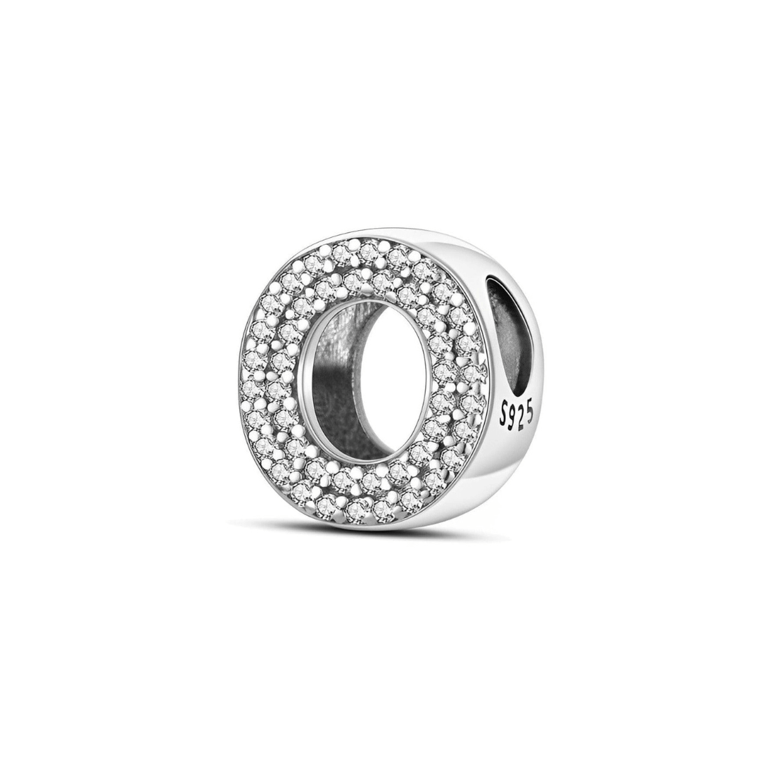 Sparkling Alphabet Charms silver charm shaped as letter O with clear pavé stones.