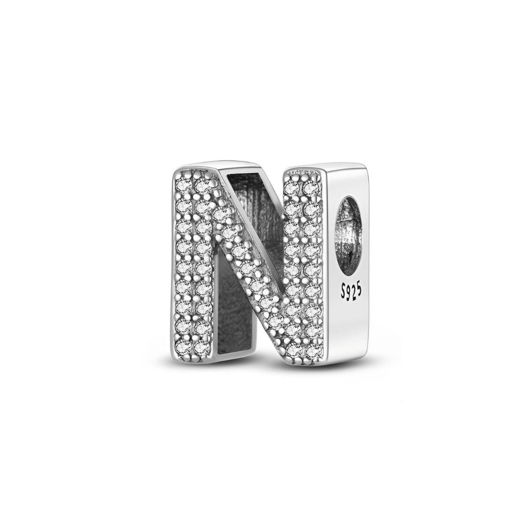 Sparkling Alphabet Charms - Silver 'N' charm adorned with clear pavé stones for personalized jewelry.