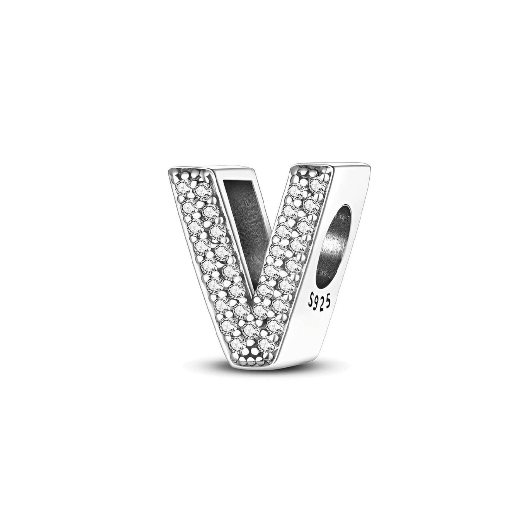 Sparkling Alphabet Charms in silver with pavé stones, featuring the letter V. Perfect for personalized jewelry.