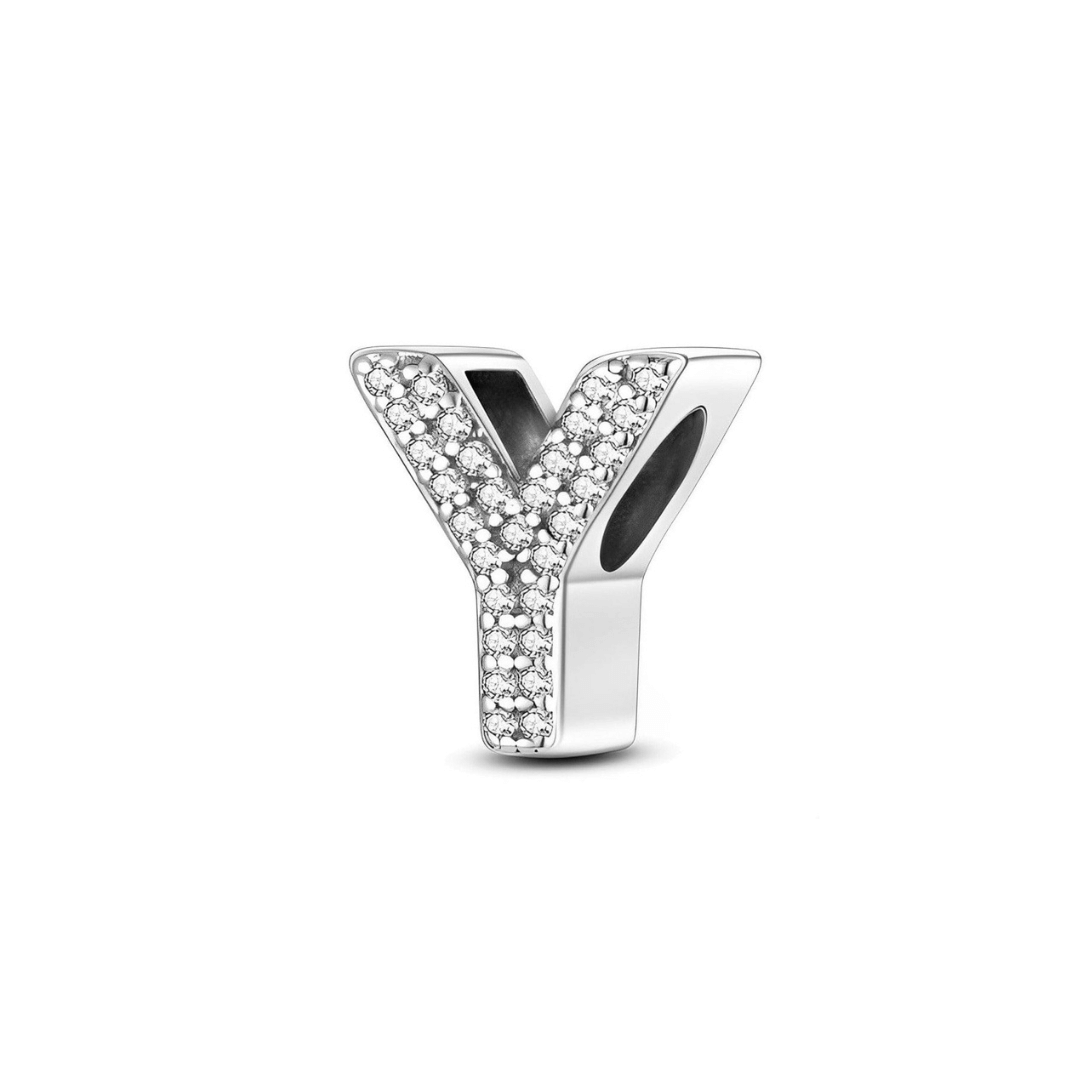 Sparkling Alphabet Charms silver charm in the shape of the letter Y, adorned with clear pavé stones.