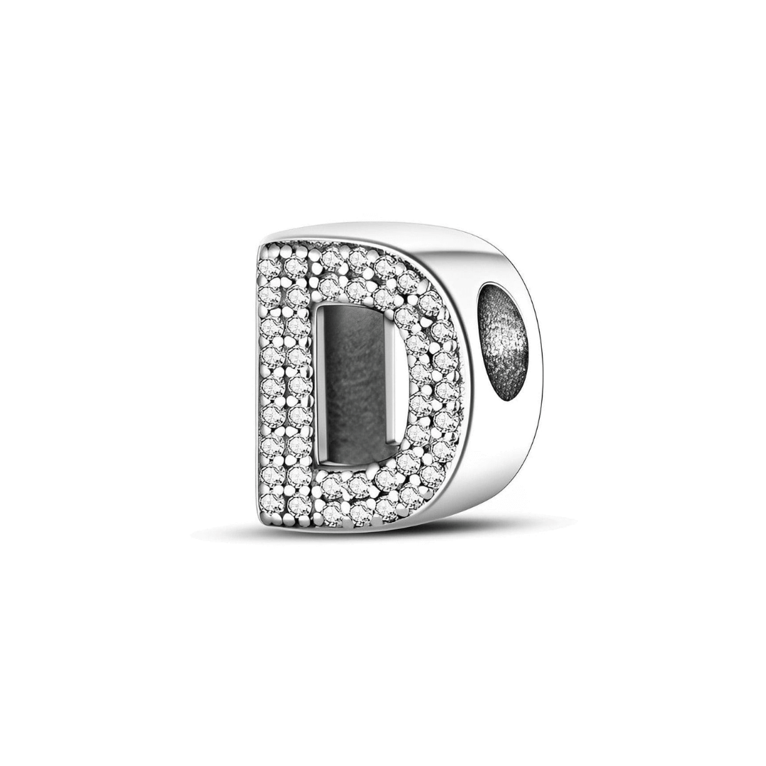 Sparkling Alphabet Charms silver charm shaped like the letter D, encrusted with clear pavé stones.