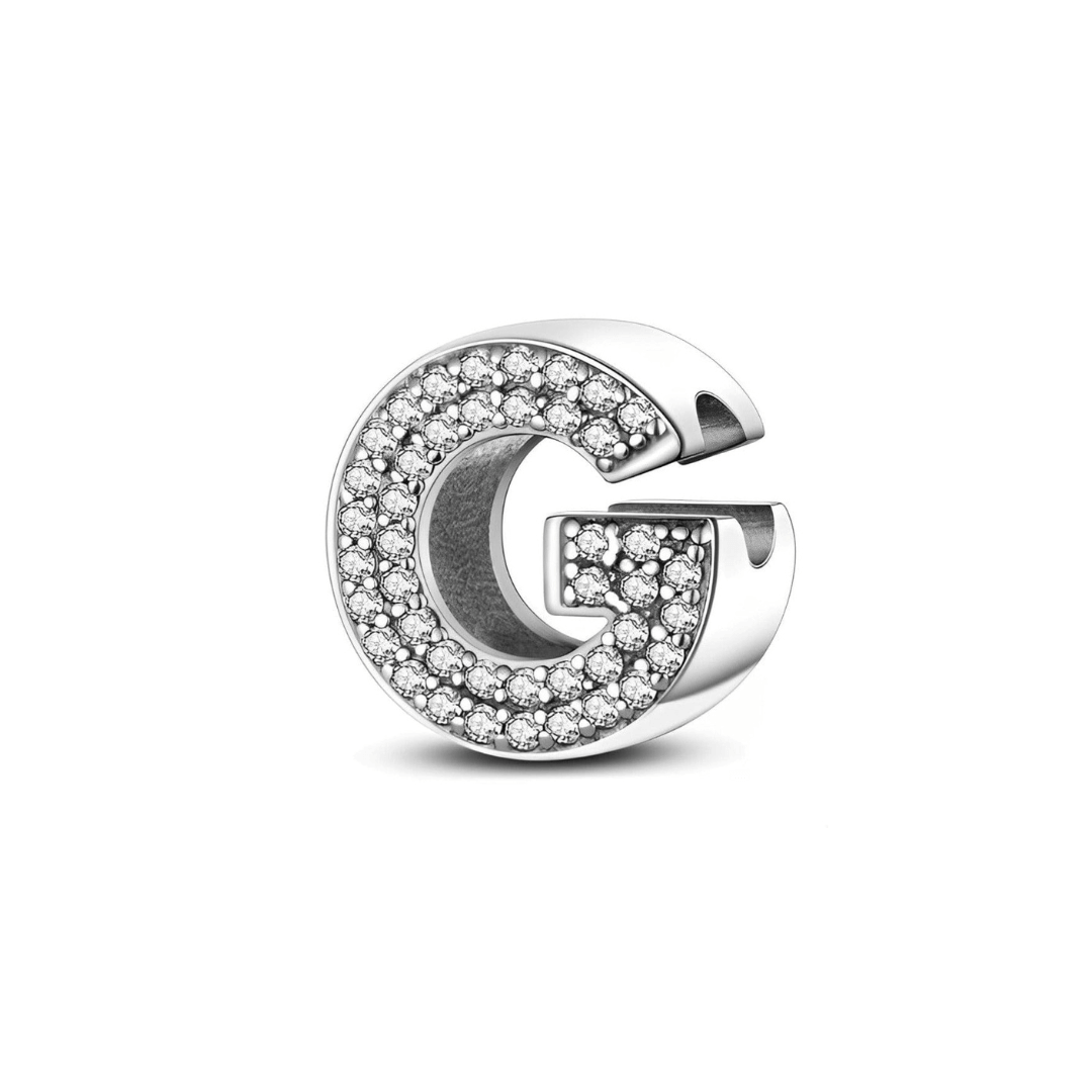 Sparkling Alphabet Charms silver charm letter G with clear pavé stones, perfect for personalized jewelry.