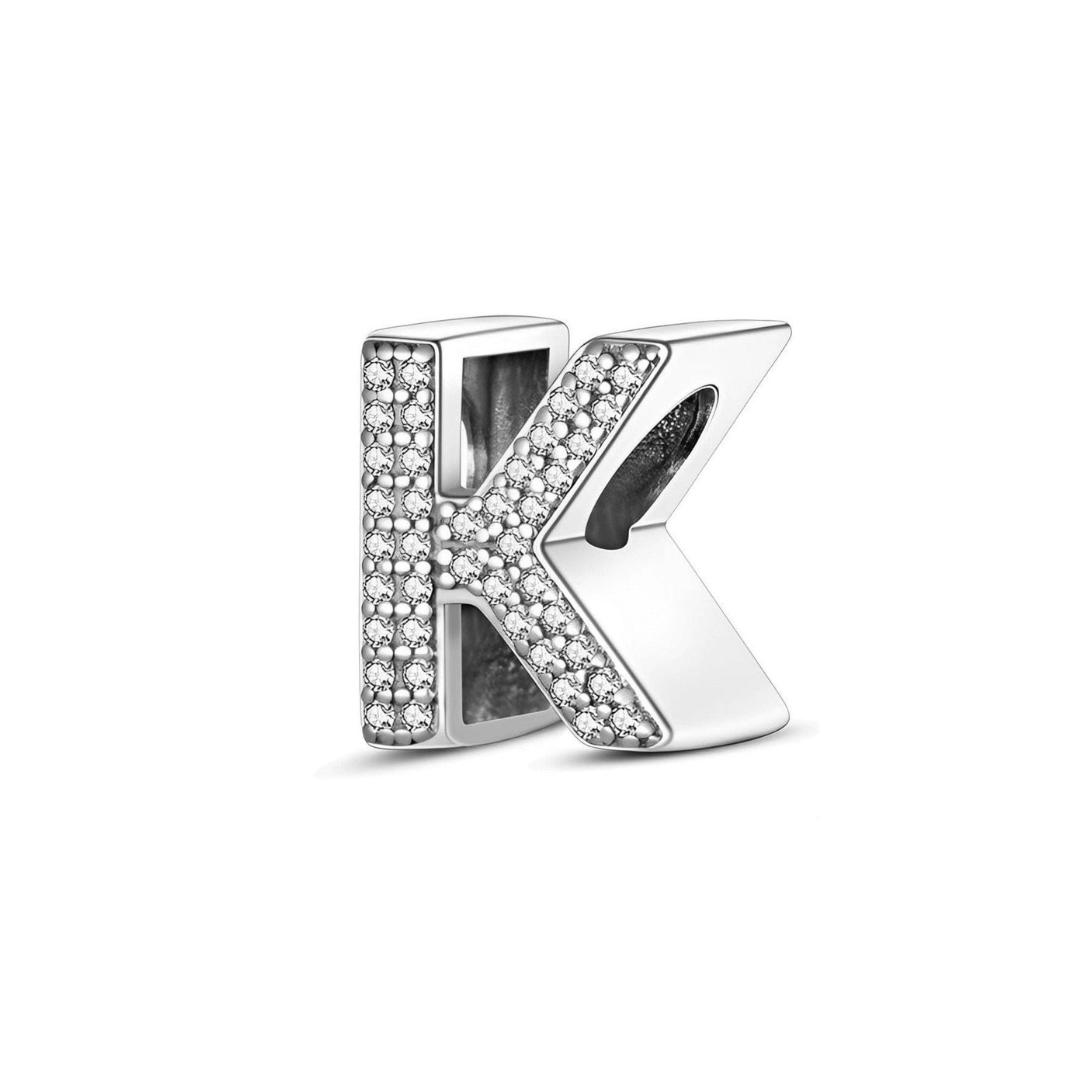 Sparkling Alphabet Charms in silver with brilliant clear pavé stones, featuring the letter K.