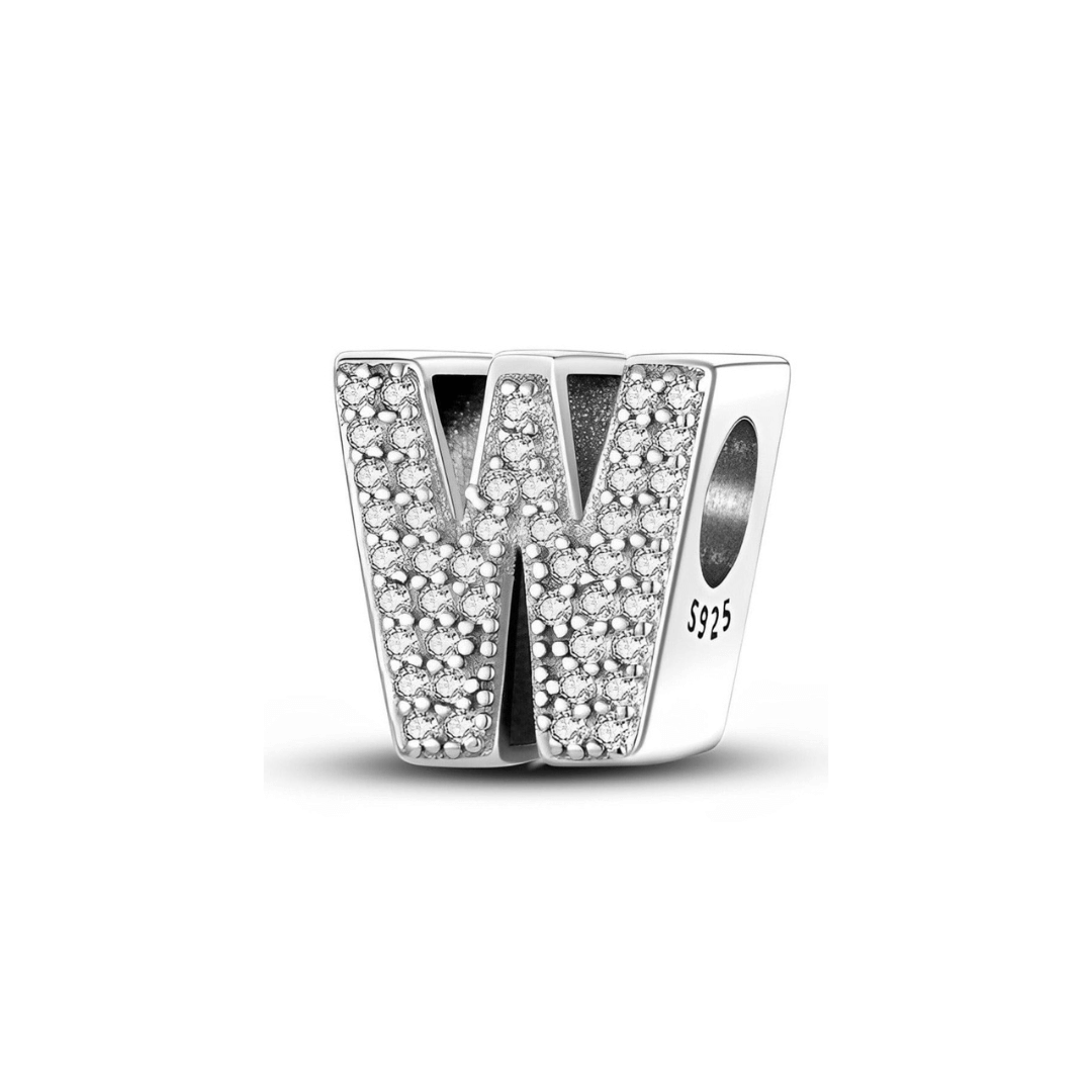 Sparkling Alphabet Charms in silver featuring a 'W' shape adorned with clear pavé stones for personalized jewelry.