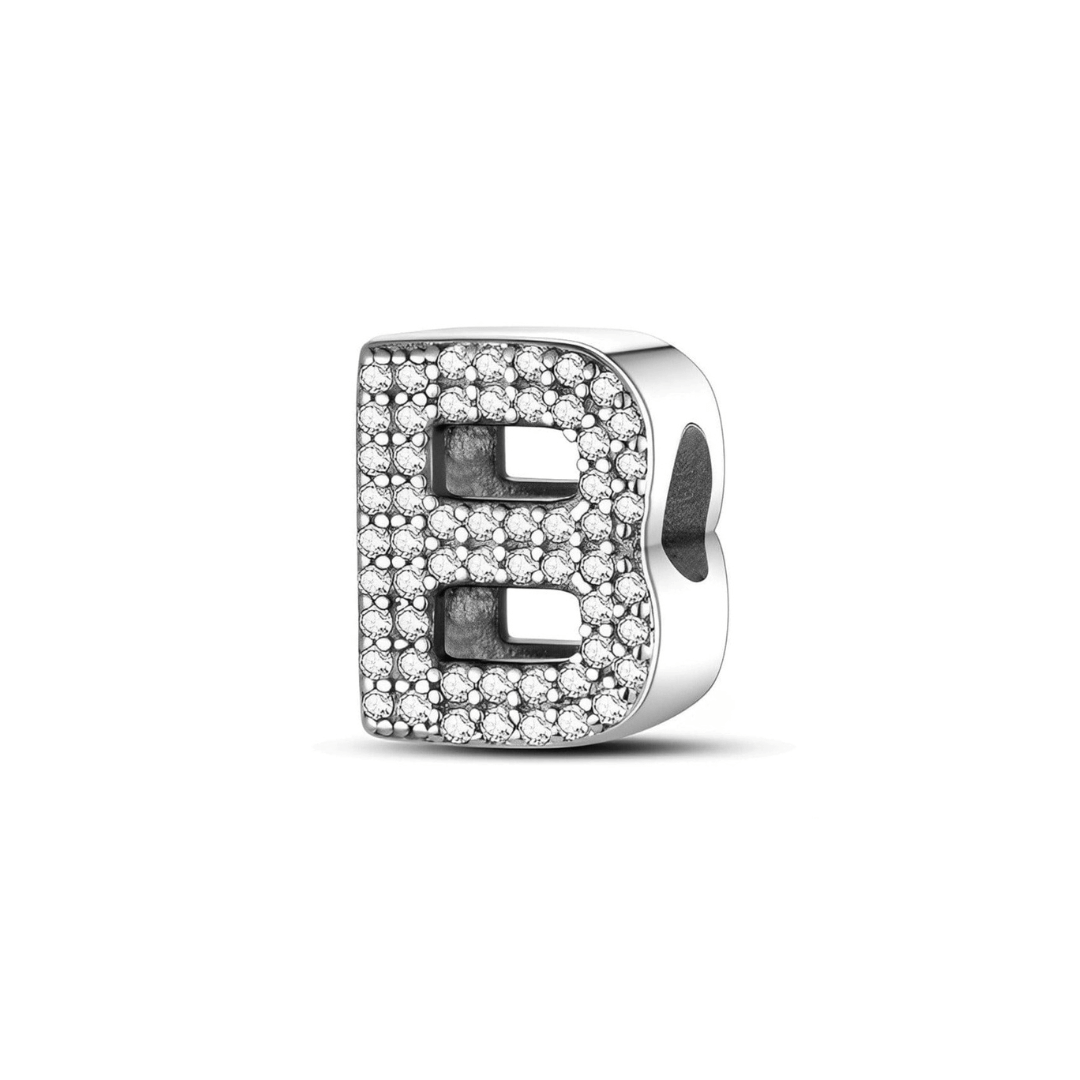 Sparkling Alphabet Charms silver charm shaped like the letter B, adorned with clear pavé stones for a dazzling look.