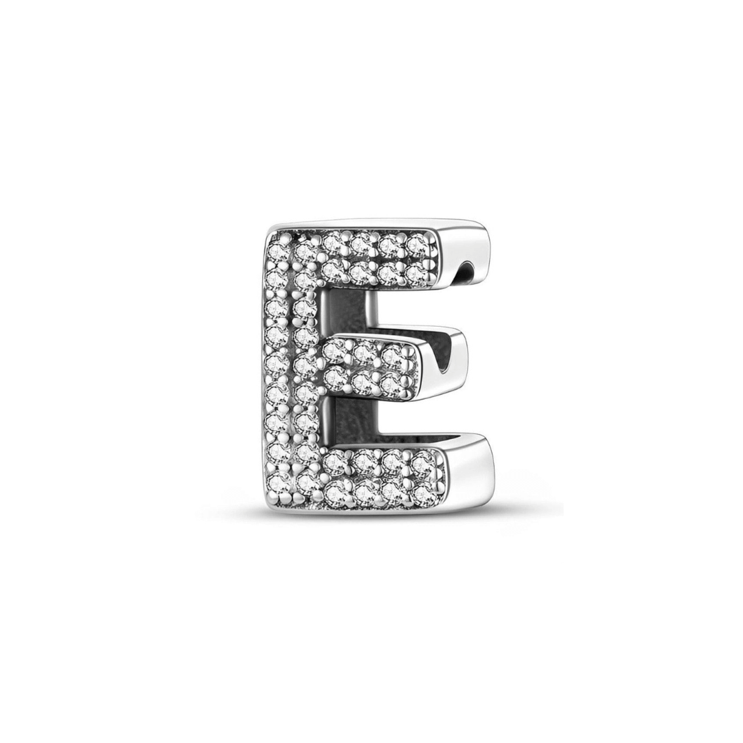 Sparkling Alphabet Charms featuring a silver letter E adorned with brilliant clear pavé stones.