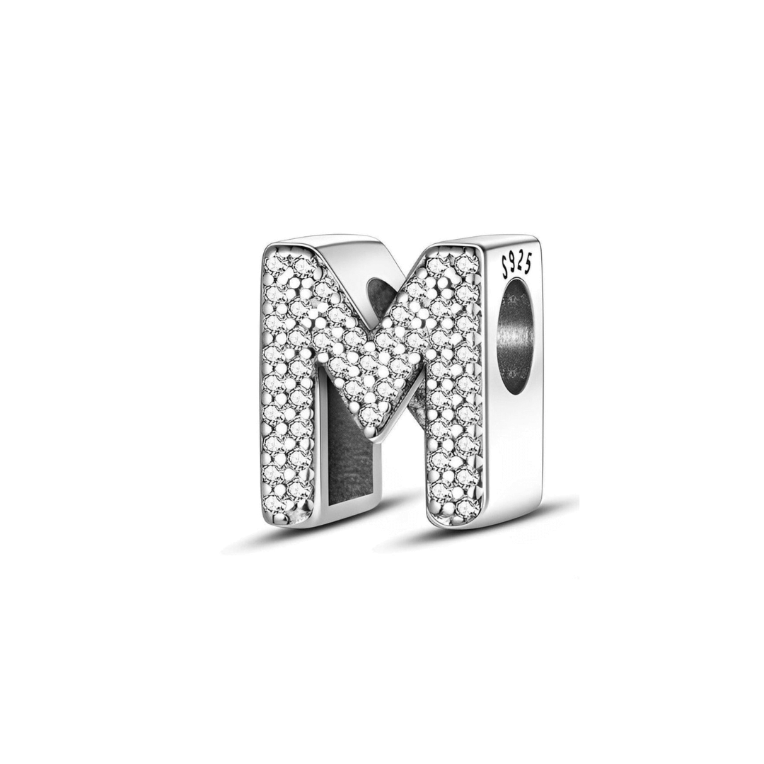 Sparkling Alphabet Charms in silver with pavé stones, showcasing the letter M for personalized jewelry.