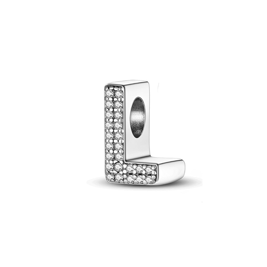 Sparkling Alphabet Charms letter L charm in silver with clear pavé stones, perfect for personalized bracelets.