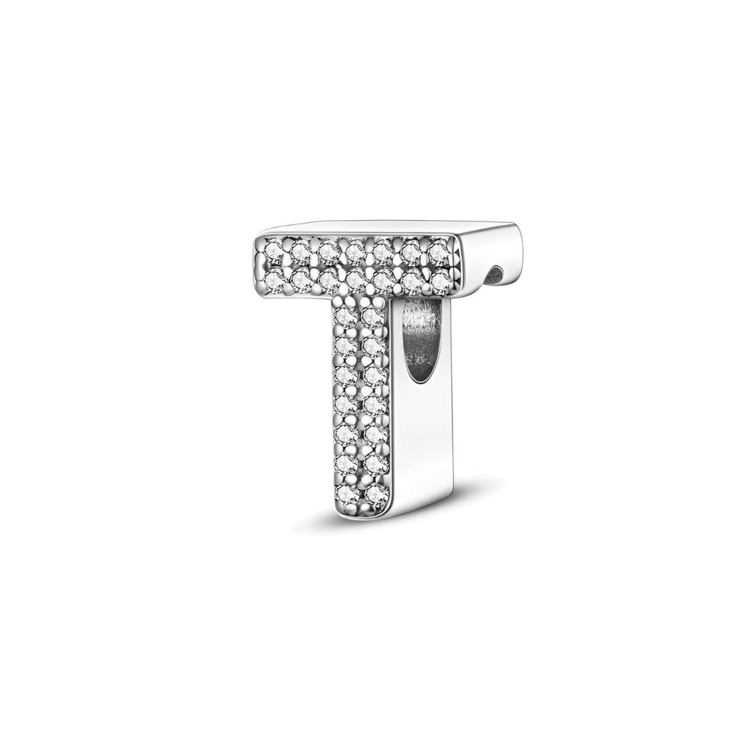 Sparkling Alphabet Charms, silver charm letter T adorned with clear pavé stones, ideal for personalized jewelry.