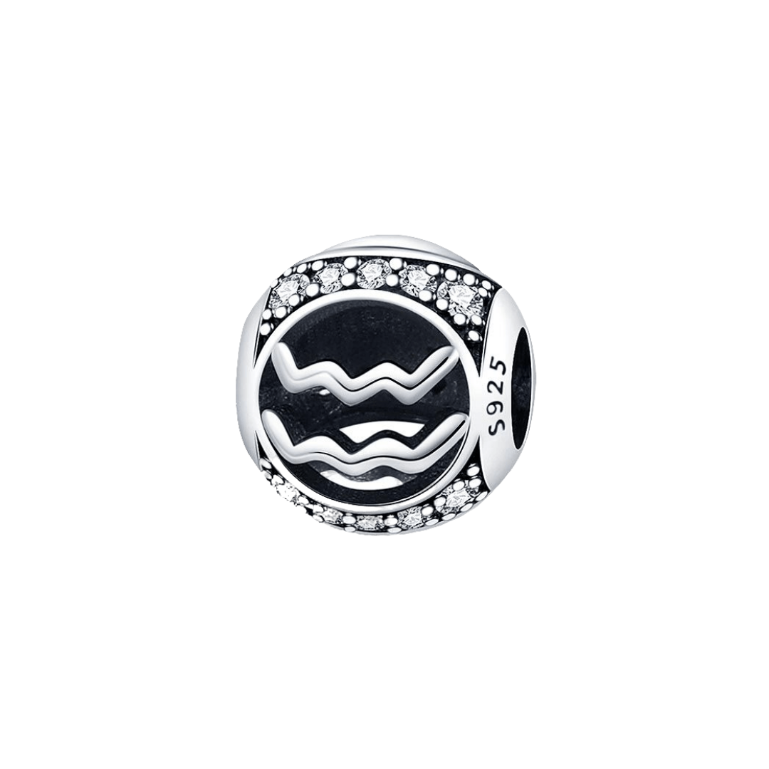 Sparkling Aquarius Star Sign Charm featuring an oxidised silver disc and clear stone halo, perfect for Aquarius.