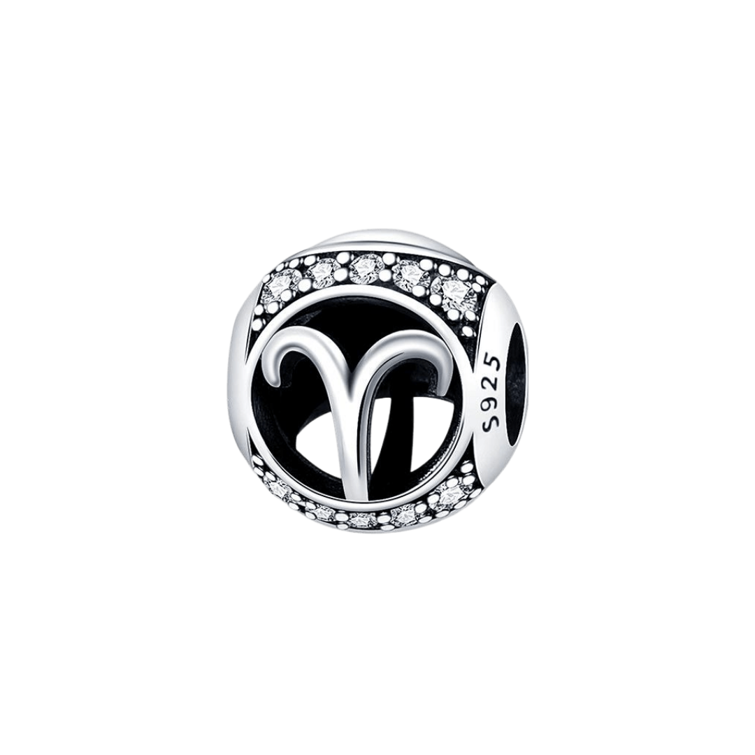 Sparkling Aries Star Sign Charm featuring an oxidised silver design with the Aries ram symbol and sparkling stones.