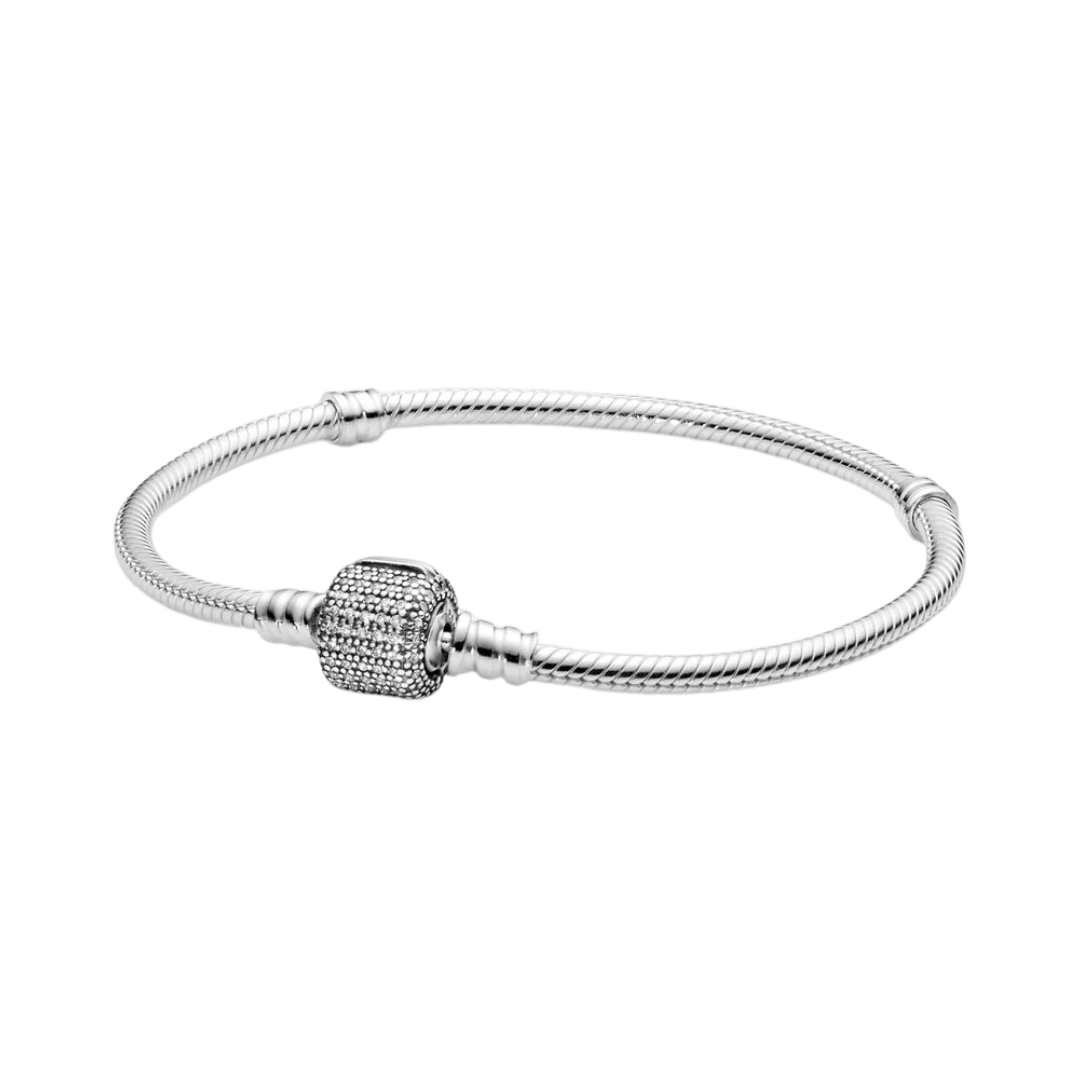 Sparkling Barrel Clasp Snake Chain Bracelet featuring a pavé barrel clasp and polished snake chain design.