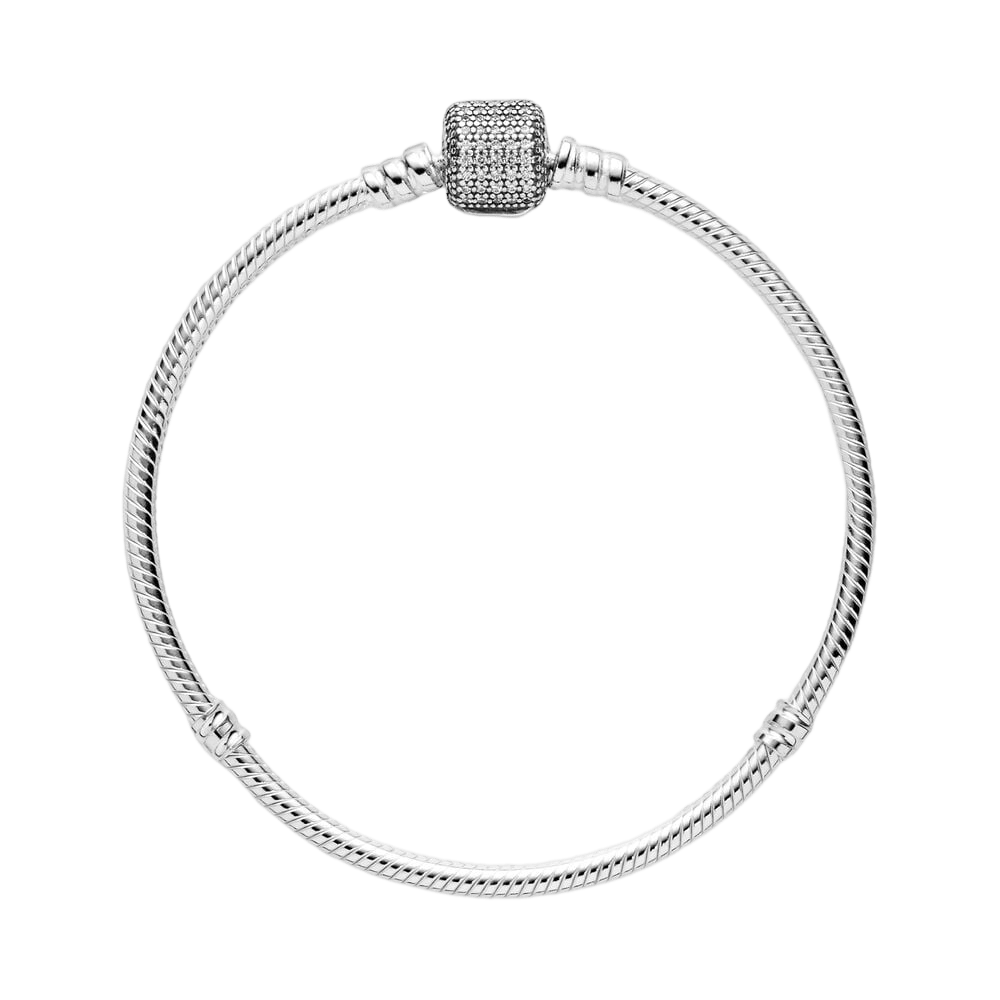 Sparkling Barrel Clasp Snake Chain Bracelet with a pavé barrel clasp and polished snake chain design.